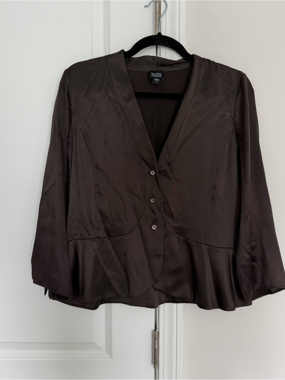 Eileen Fisher 100% Silk Peplum Blouse – Size S | Minimalist Silk Top